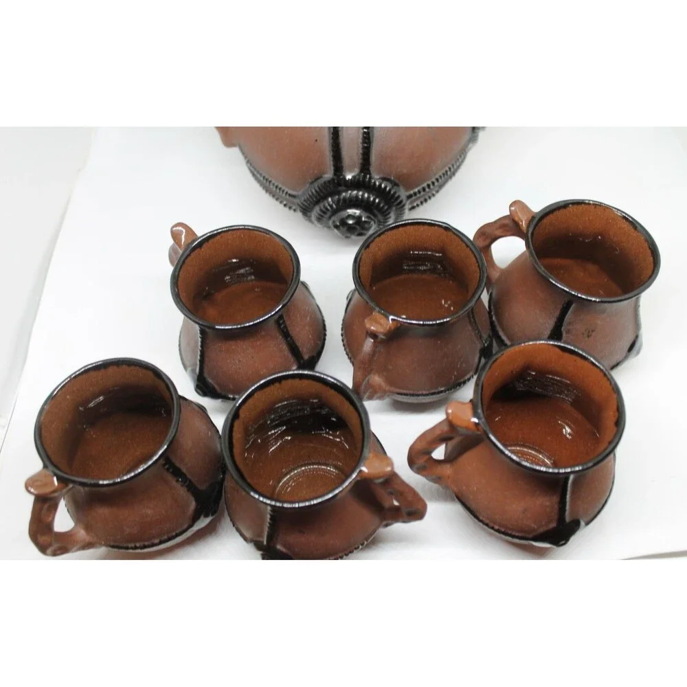 Bulgarian Clay Pottery Pitcher w/Sculptural Handle Decorative Elements 6 Mugs